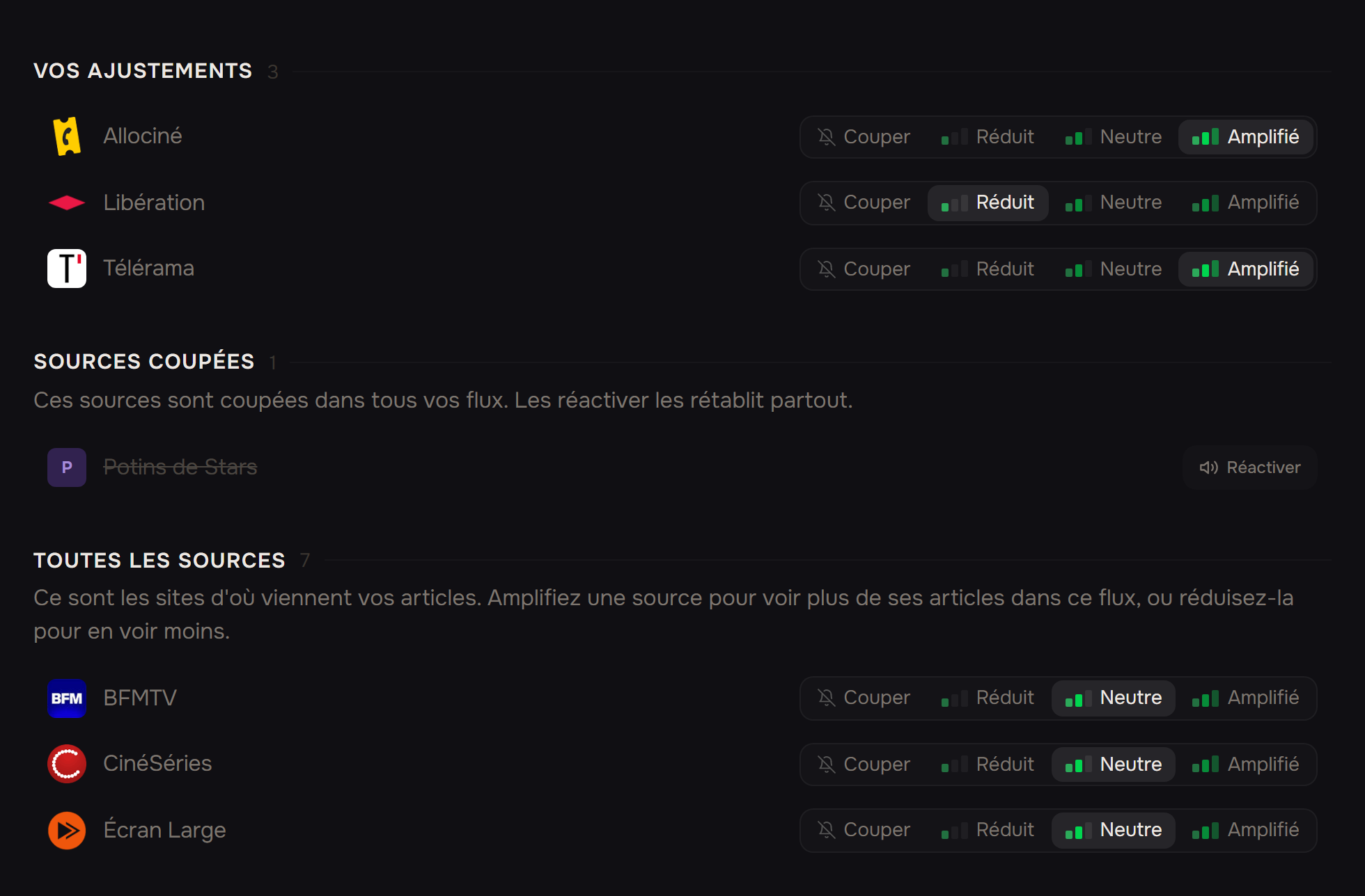 Réglages des sources