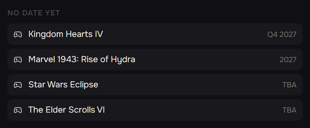 The no-date-yet list: games due in a quarter or a year, one TBA, and shows between seasons