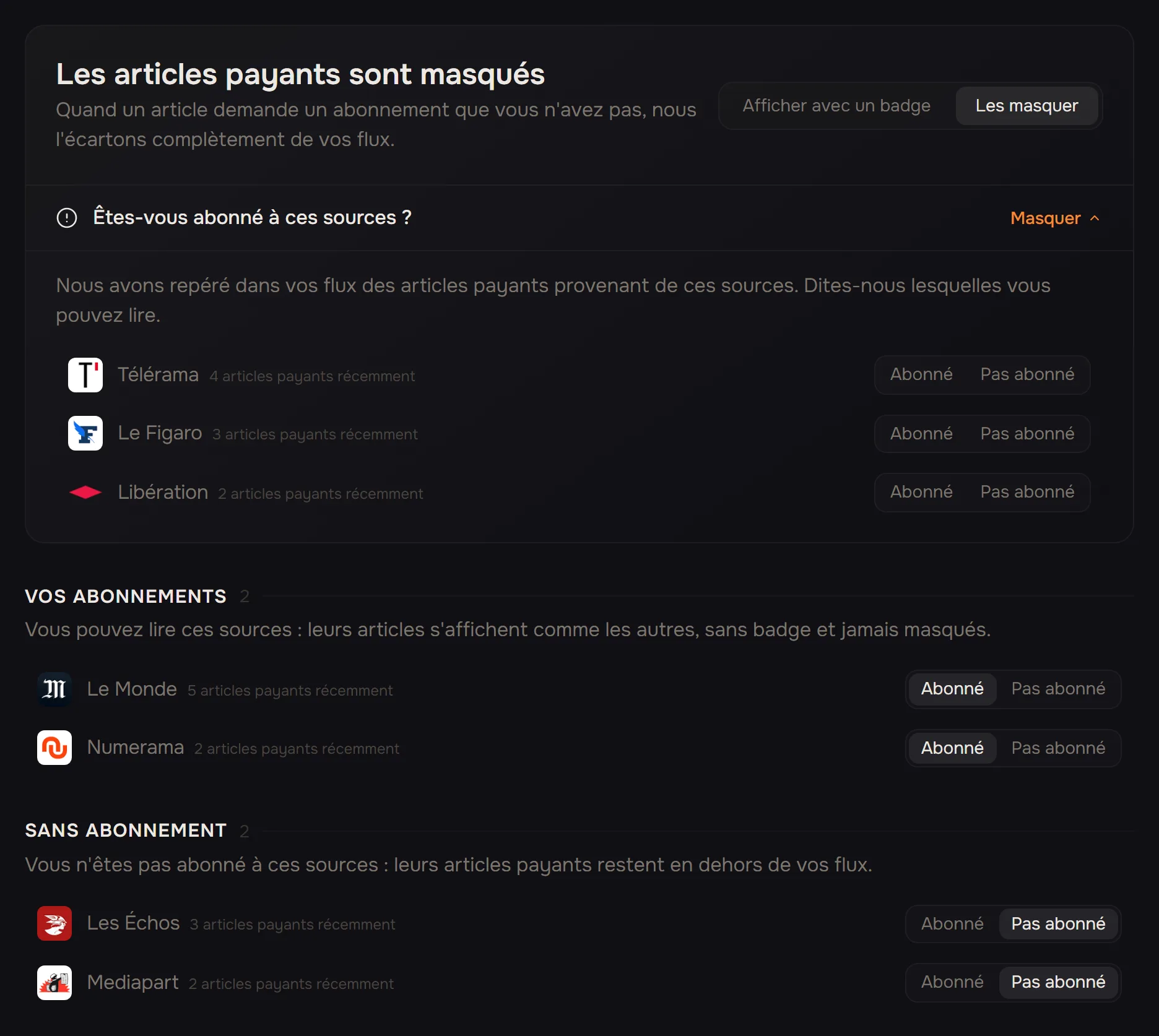 Réglages de détection des paywalls