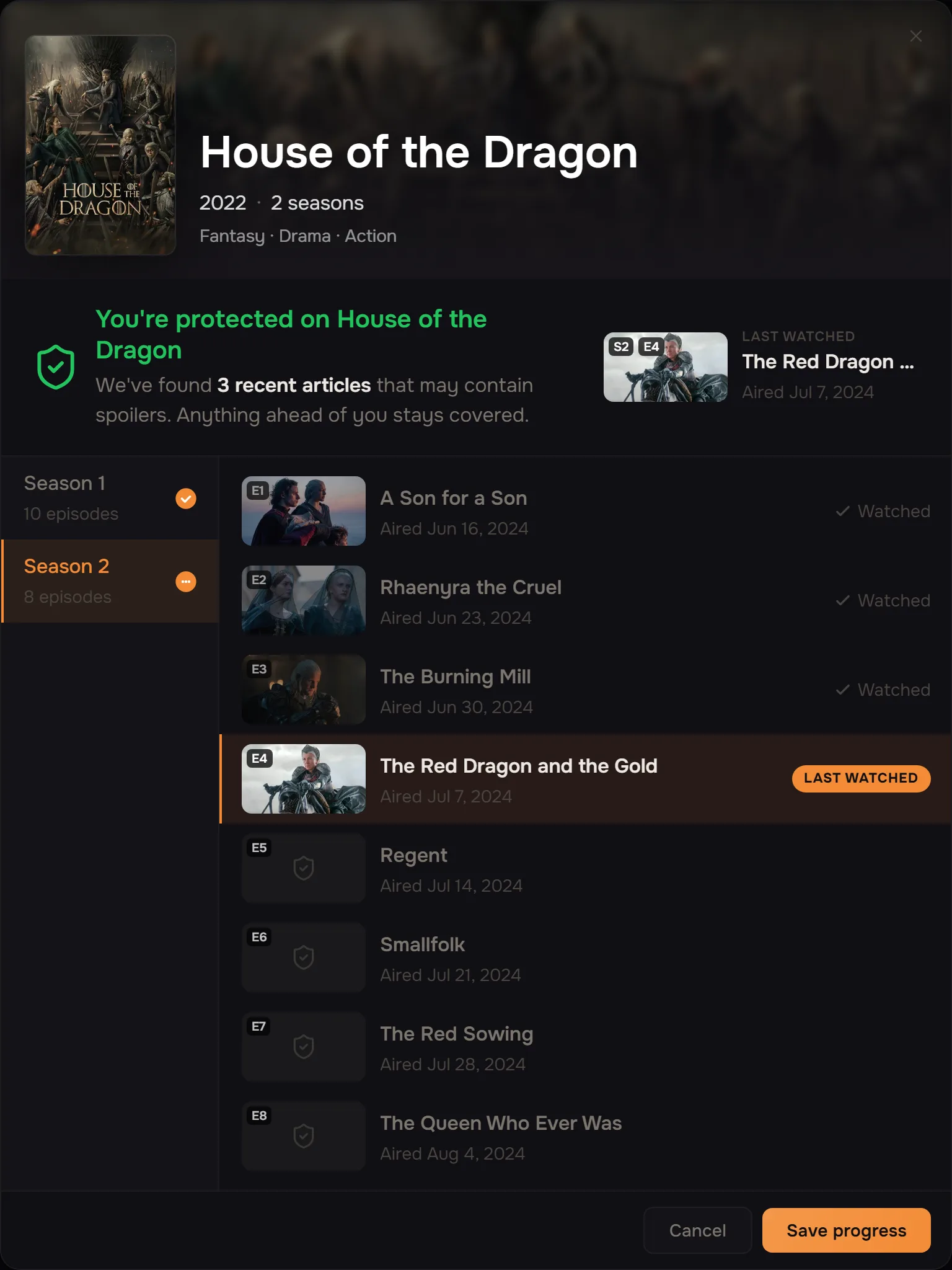 The viewing-progress dialog for House of the Dragon with season 1 watched and season 2 in progress