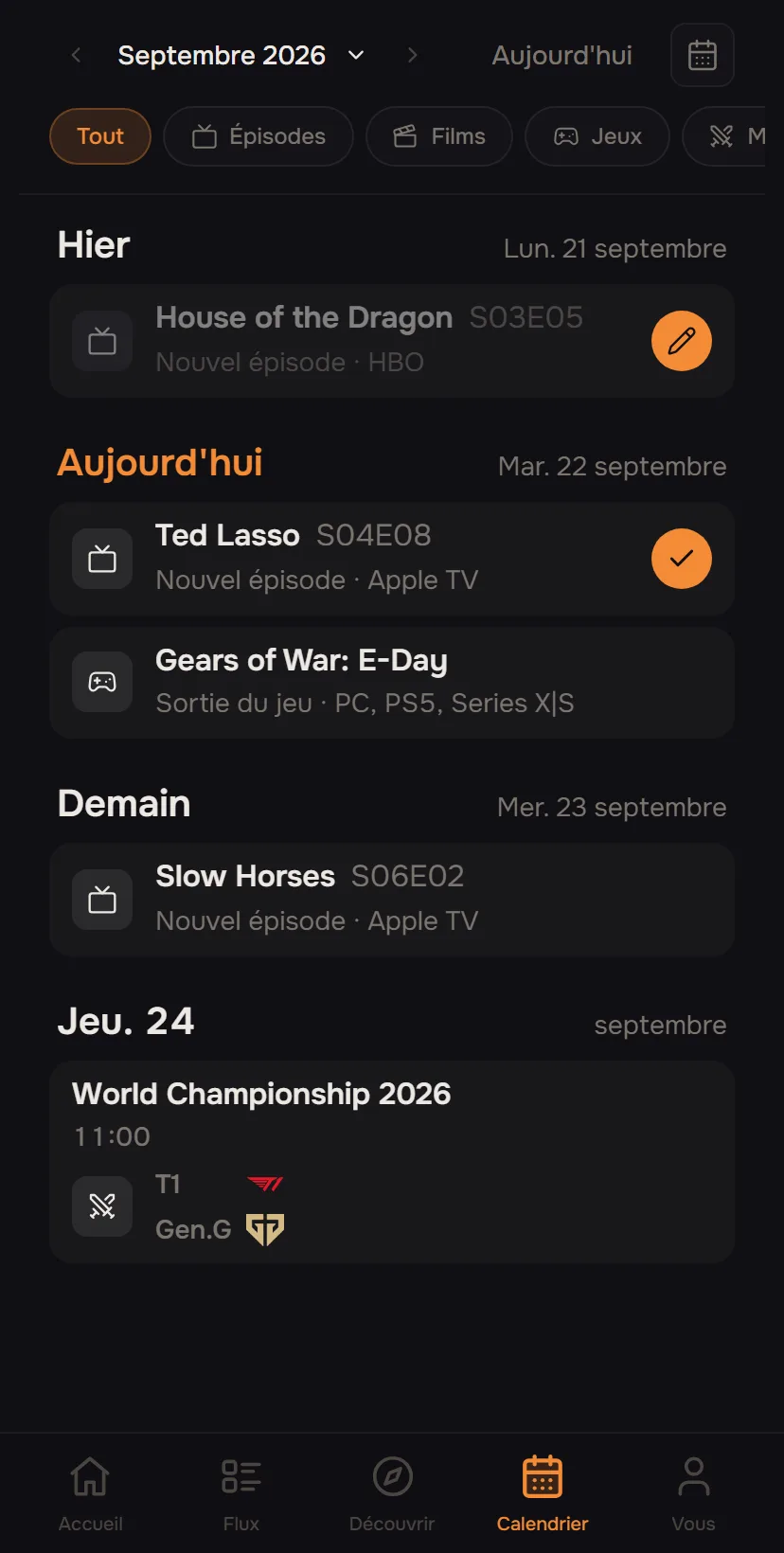 Capture d'écran du produit : votre calendrier de tout ce que vous suivez