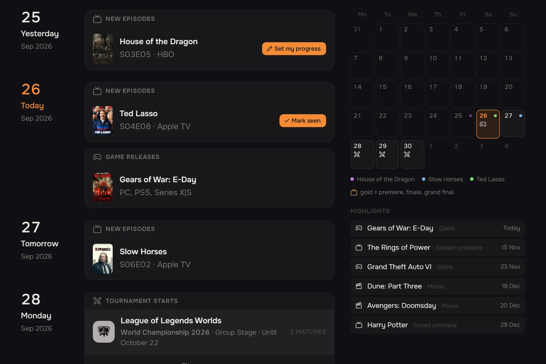 Product screenshot — your calendar of everything you follow